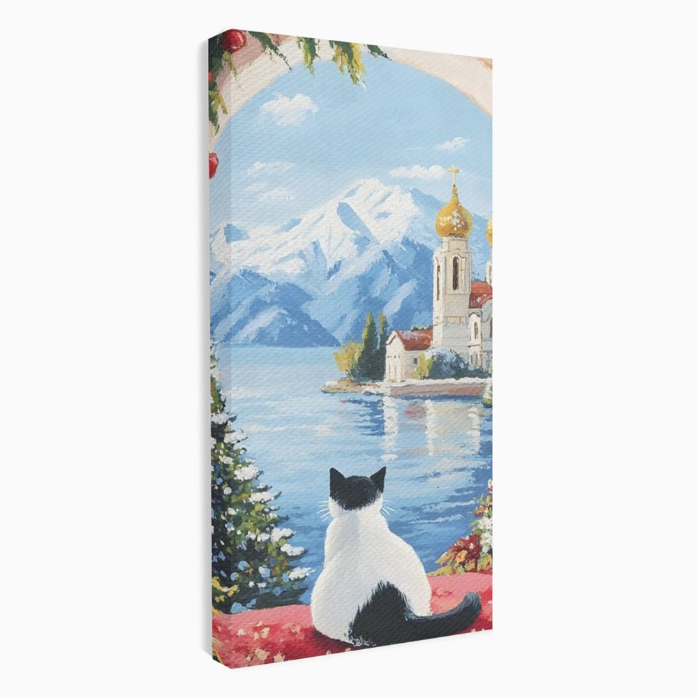 Tablou canvas cu tablou canvas cu pisica privind spre munte, fara rama, pe sasiu de lemn